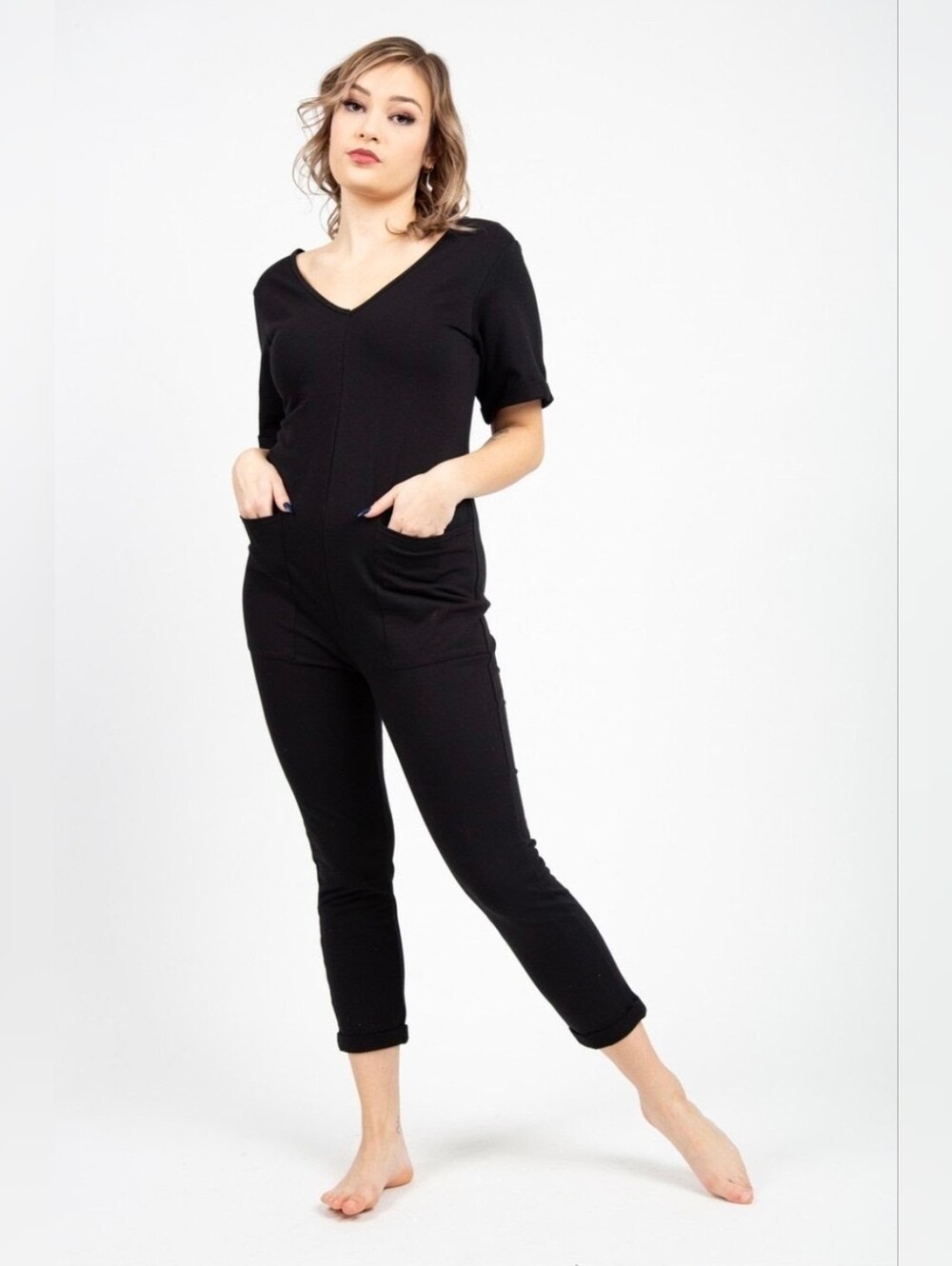 Smash + Tess Black V-Neck Short Sleeve Jumpsuit with Front Pockets